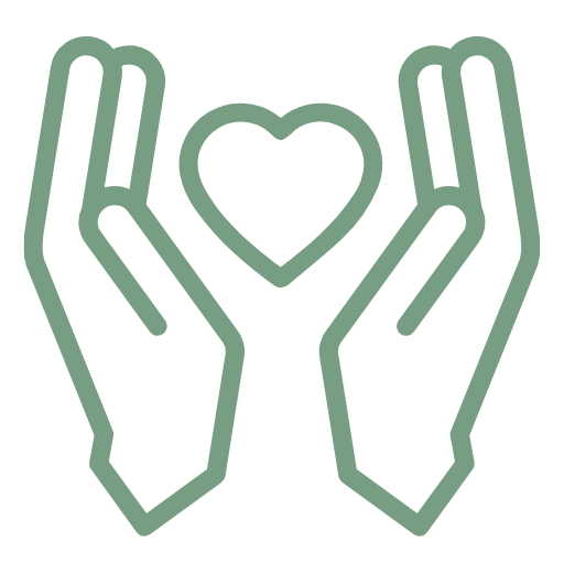 light green icon of two hands holding a heart